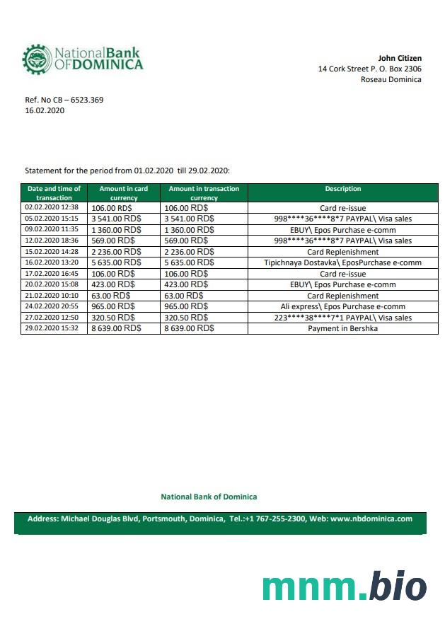 Dominica National Bank of Dominica wyciąg bankowy łatwy do wypełnienia szablon w formacie Excel i PDF